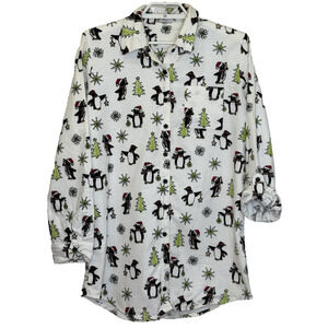Insomniax Flannel Christmas Print Sleep Shirt Womens Size Small Penguins Trees